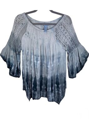Studio West Womens Blue Gray Tie Dye Lace Smocked Bell Sleeve Blouse Medium M